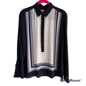 LOFT Navy Lavender White Ladies Long Sleeve Career Button Down Blouse,‎ S